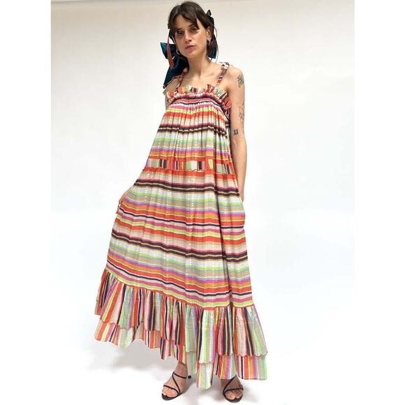 Rue de la Lune Sabi Dress Size ML Pink Multi Ruffle Cotton Stripe Maxi Colorful - Picture 3 of 14
